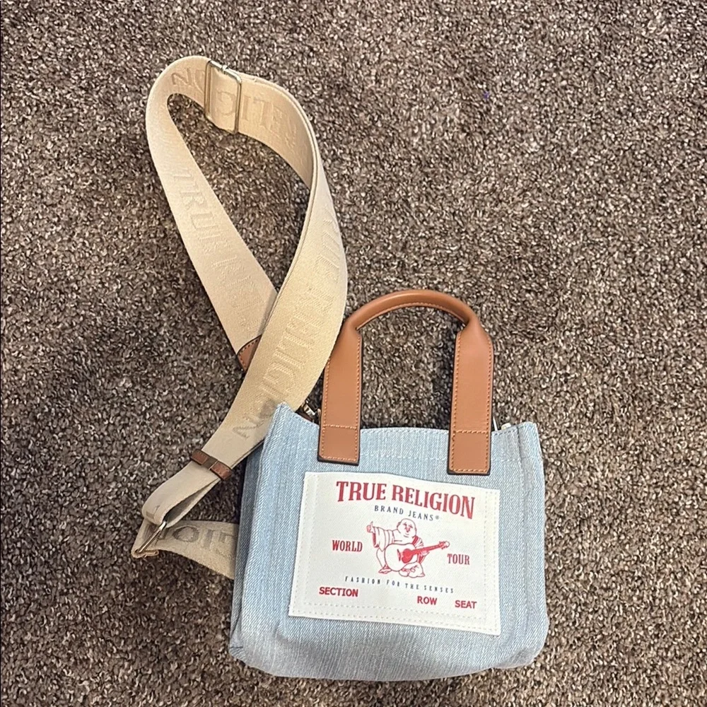 Mini True Religion Blue and Brown Messenger Bag with Classic Design
